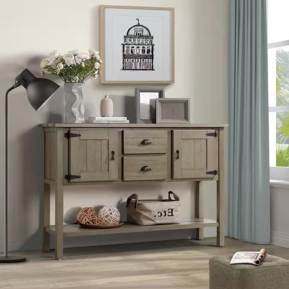 Solid Wood Farmhouse Sofa Table Cabinet with Storage Drawers in Rustic Taupe-1