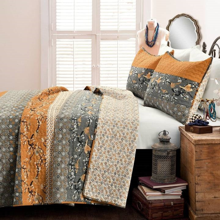 King size Orange Grey Boho Floral Birds Reversible Lightweight Quilt Set-1