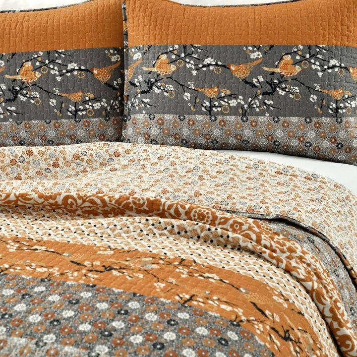 King size Orange Grey Boho Floral Birds Reversible Lightweight Quilt Set-2