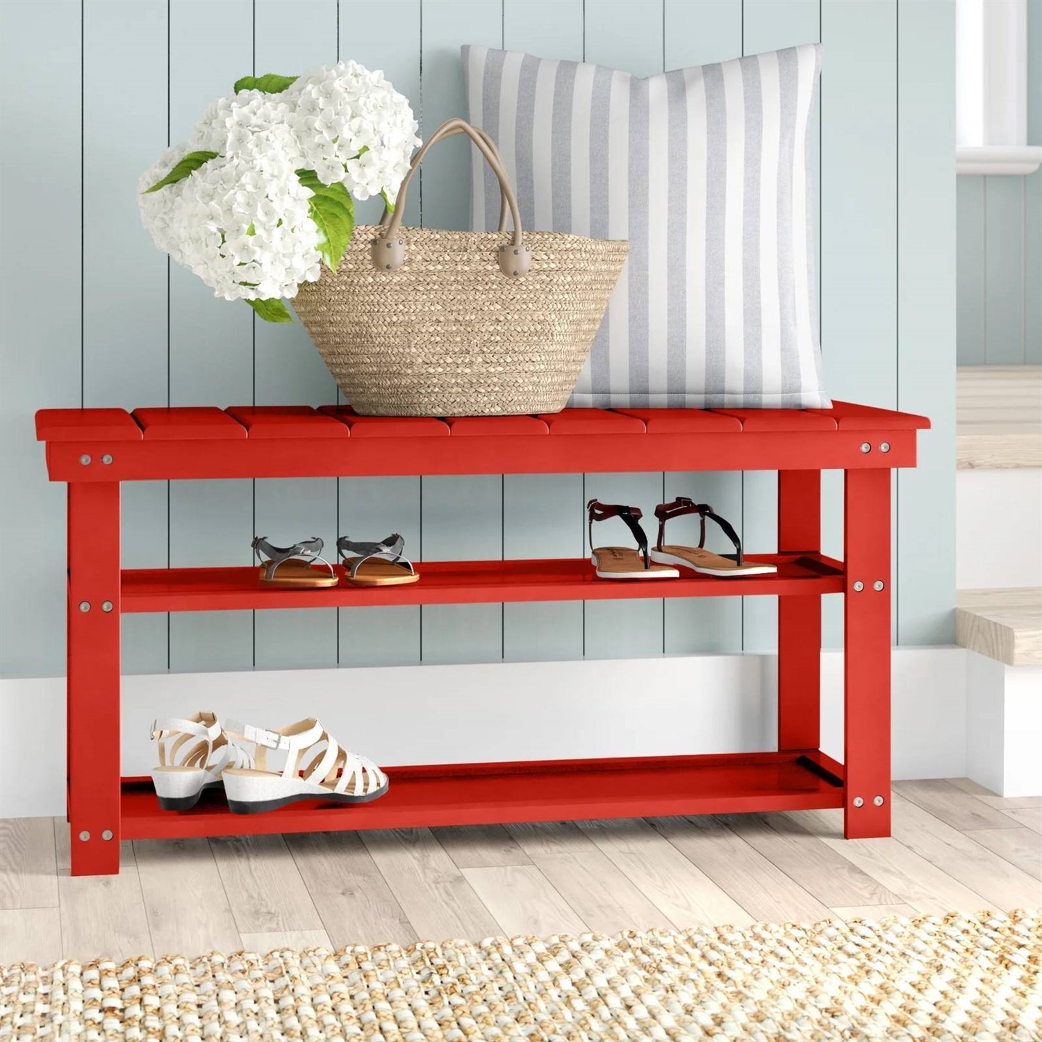 Red Wooden 2-Shelf Shoe Rack Storage Bench for Entryway or Closet-0