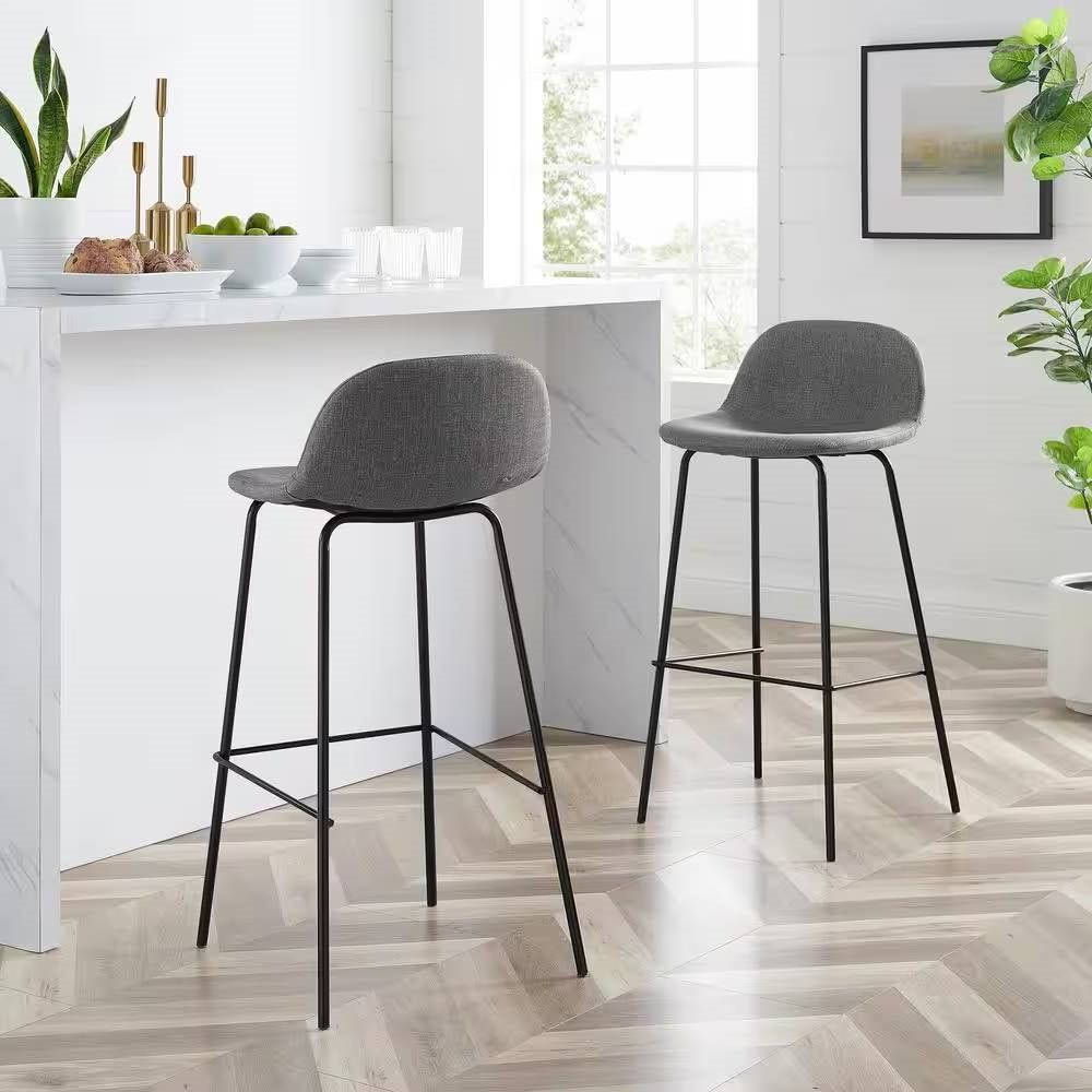 Set of 2 - Modern Low Back Barstool with Black Metal Frame and Grey Linen Seat-1