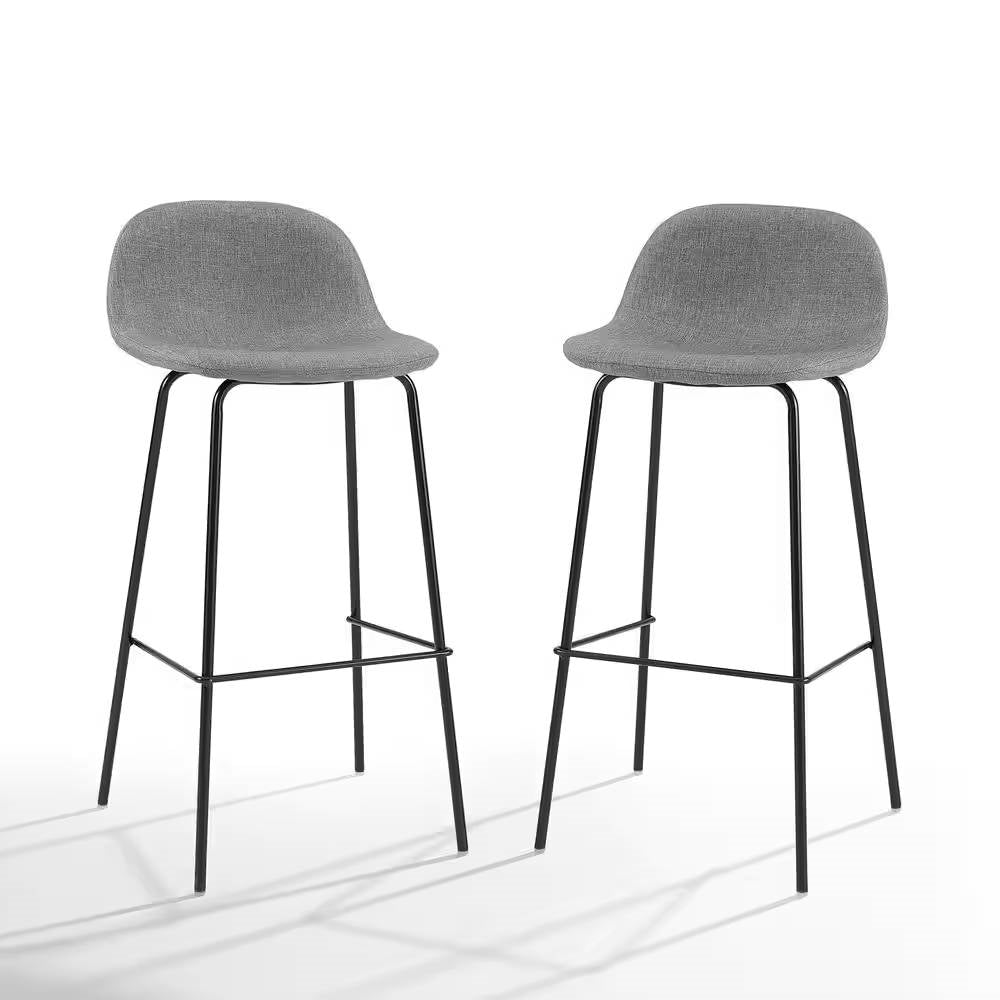 Set of 2 - Modern Low Back Barstool with Black Metal Frame and Grey Linen Seat-2