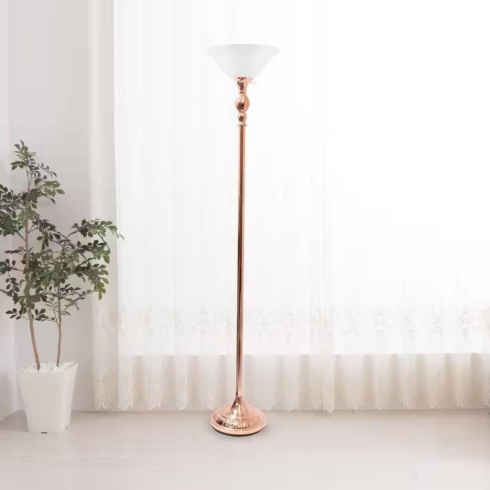 Rose Gold Copper Finish Metal Floor Lamp Torchiere with White Glass Shade-0