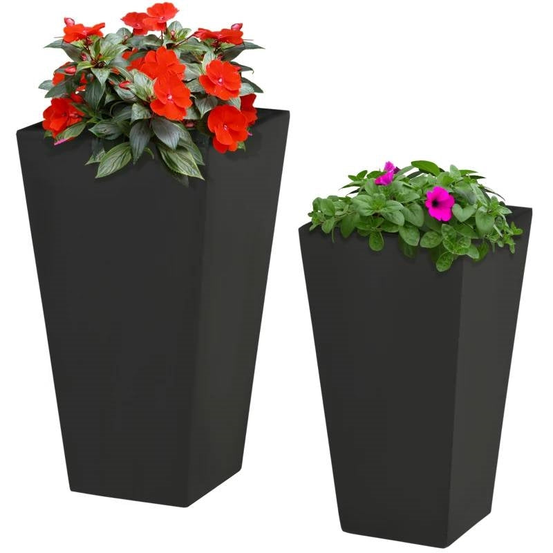 Set of 2 Modern Lightweight Black Outdoor Patio Flower Pot Tall Planter Box-0