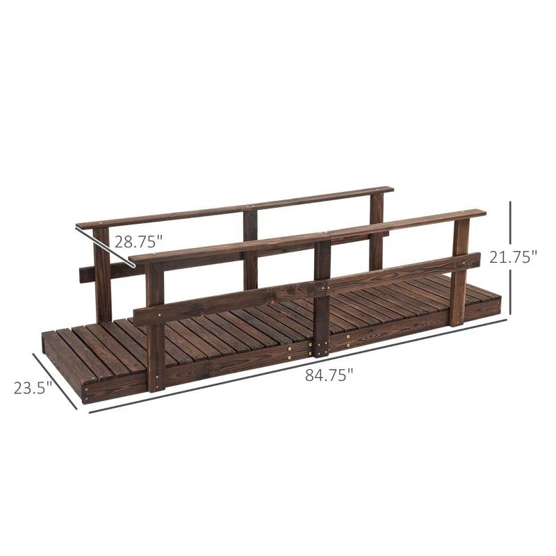 7 ft. Outdoor Wooden Garden Bridge with Hand Rails in Carbonized Wood Finish-2