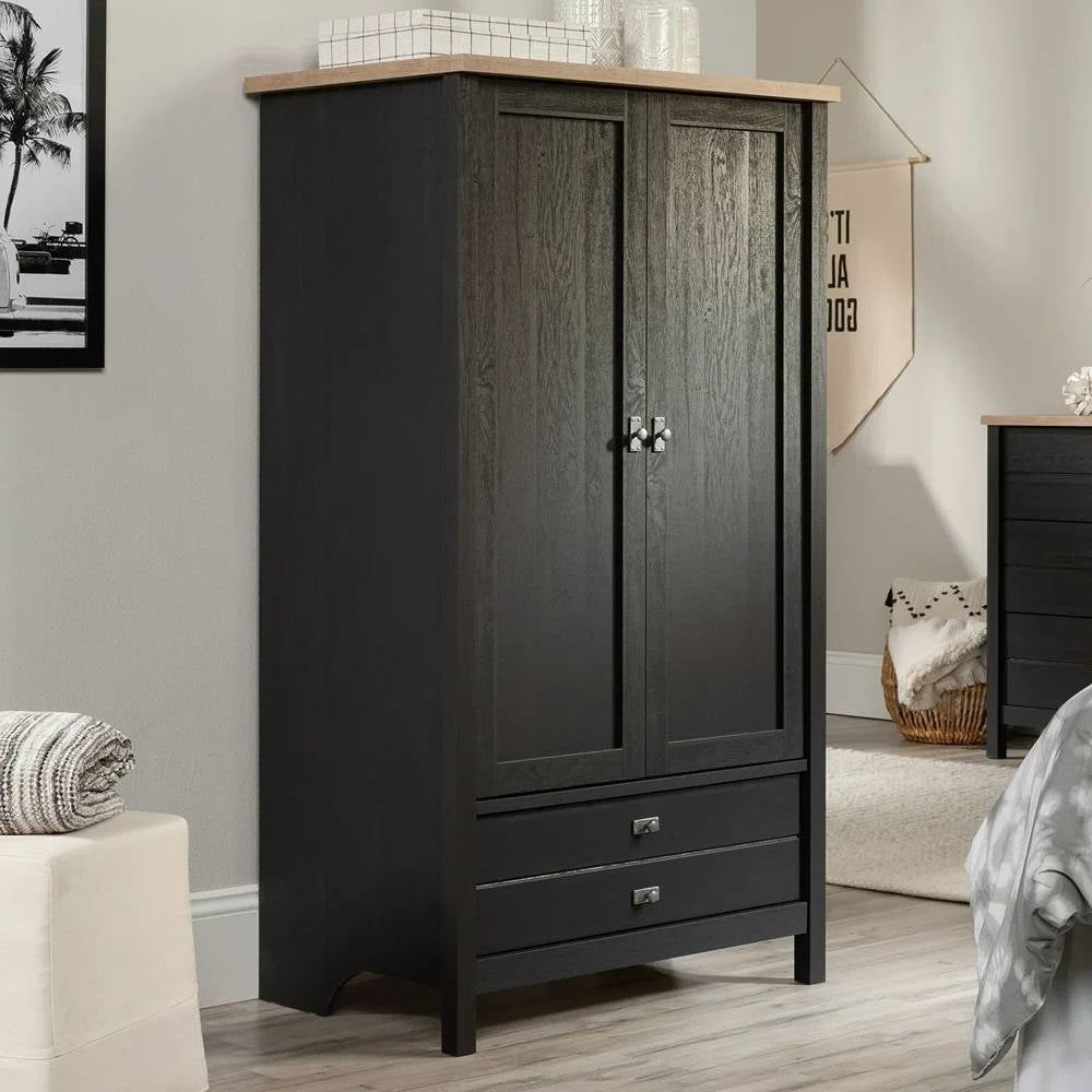 Bedroom Armoire Cabinet with Bottom Storage Drawer in Black Oak Wood Finish-0