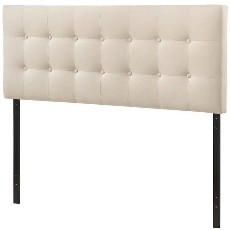 Queen size Modern Ivory Fabric Upholstered Button Tufted Headboard-1