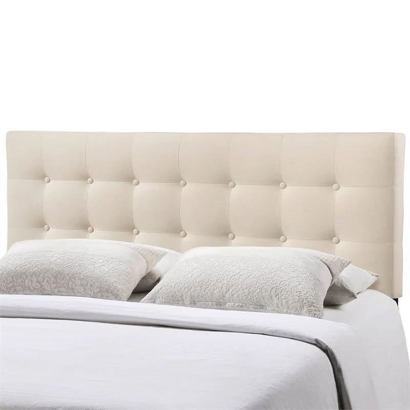 Queen size Modern Ivory Fabric Upholstered Button Tufted Headboard-2