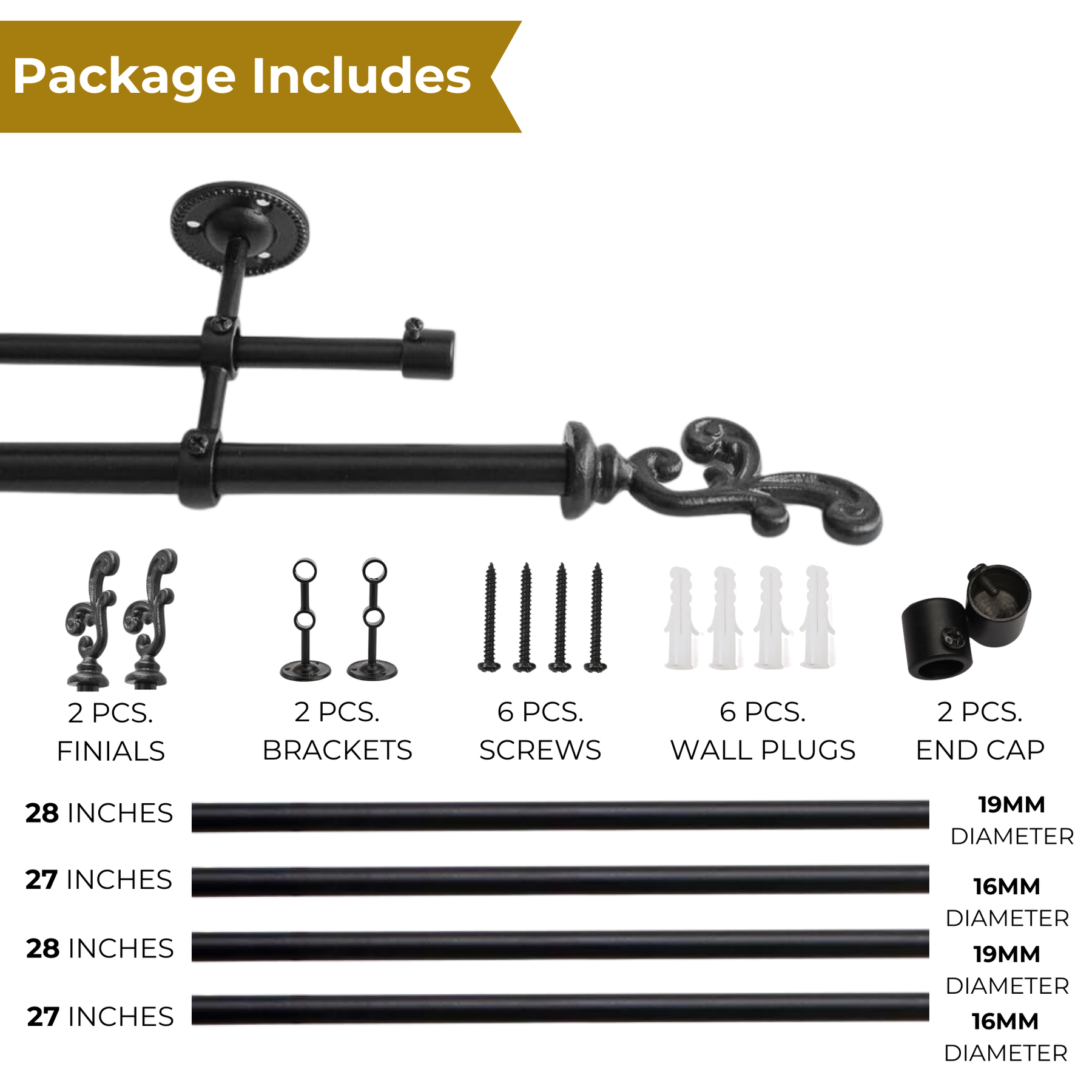 Black Extendable Double Curtain Pole |  Ornate Finials | 28 to 144 Inch |  Strong & Durable-4