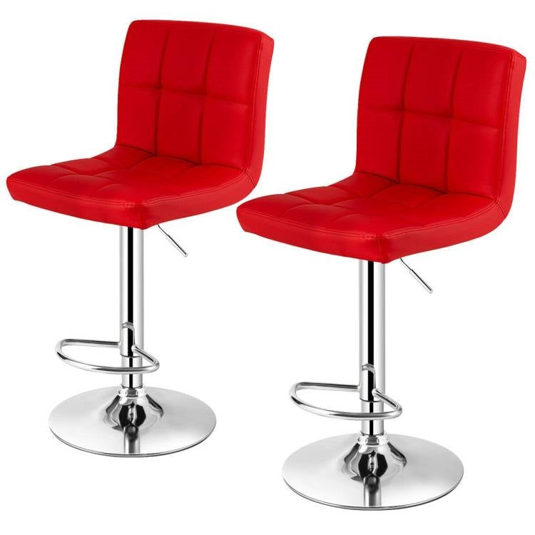 Set of 2 Modern Adjustable Height Barstools w/ Comfortable Red PU Leather Seat-0