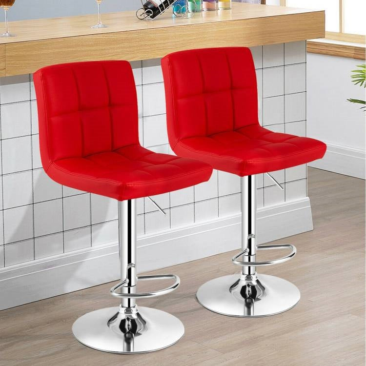 Set of 2 Modern Adjustable Height Barstools w/ Comfortable Red PU Leather Seat-2