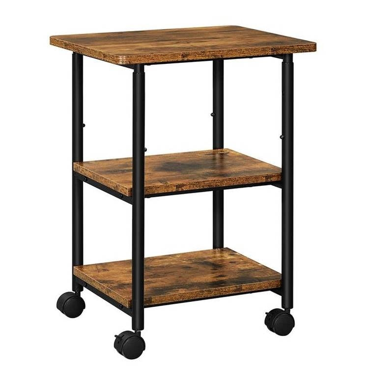 Modern Industrial Black Metal Rustic Wood Printer Stand Cart on Locking Casters-3
