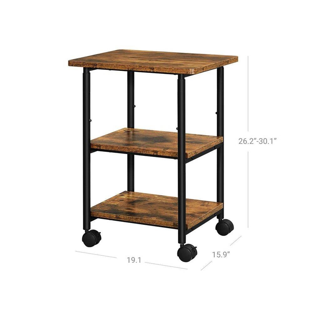 Modern Industrial Black Metal Rustic Wood Printer Stand Cart on Locking Casters-4