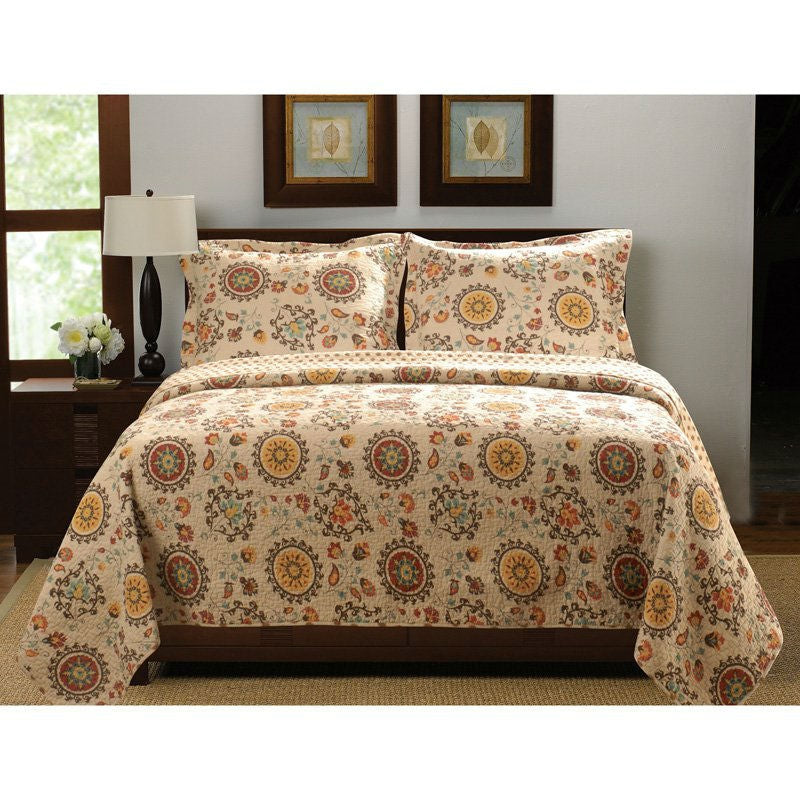 Full / Queen Retro Moon Shaped Floral Medallion Reversible 3 Piece Quilt Set-0