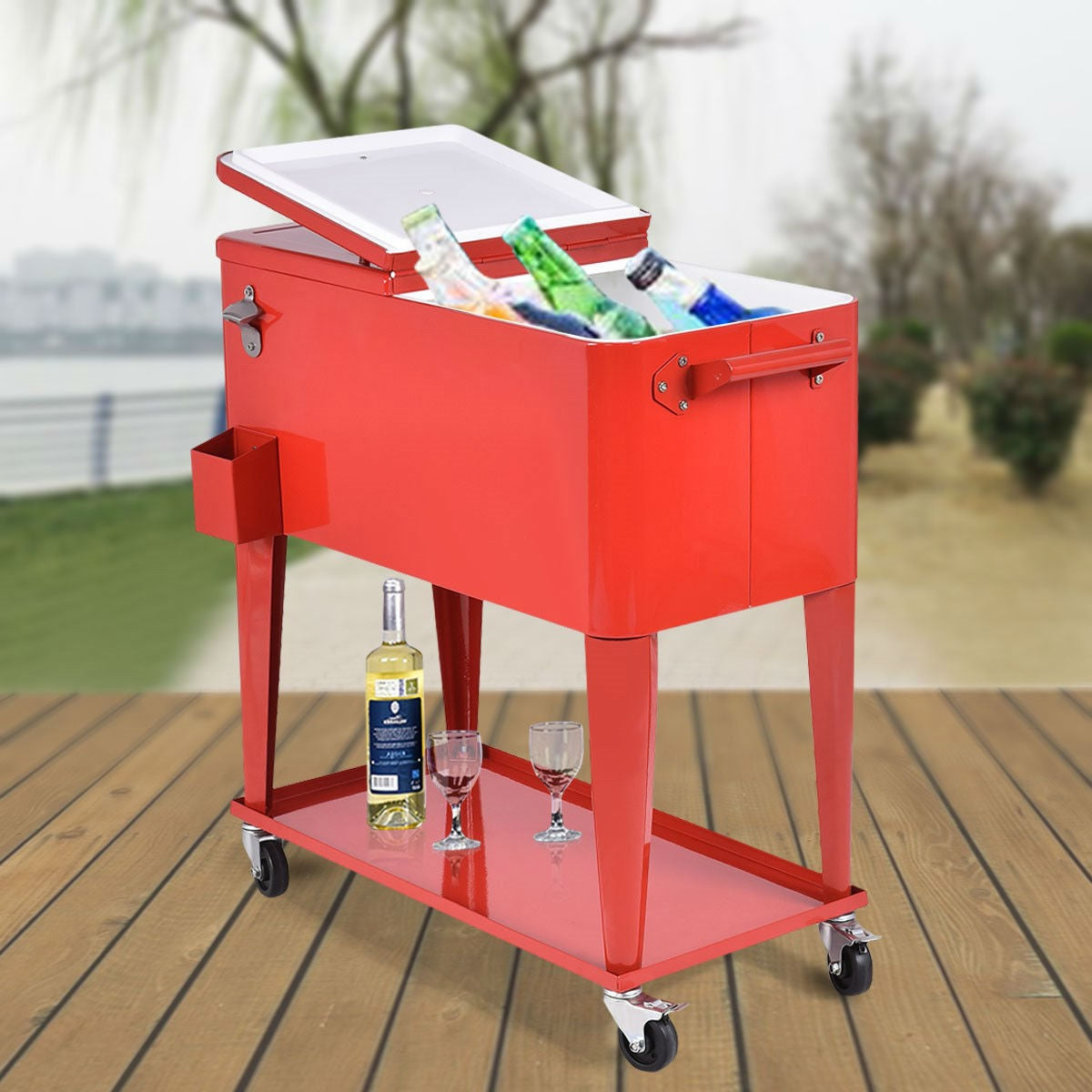 80 Quart Red Sturdy Rolling Steel Construction Cooler-1