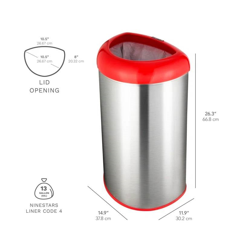 13-Gallon Stainless Steel Trash Can with Red Open Top