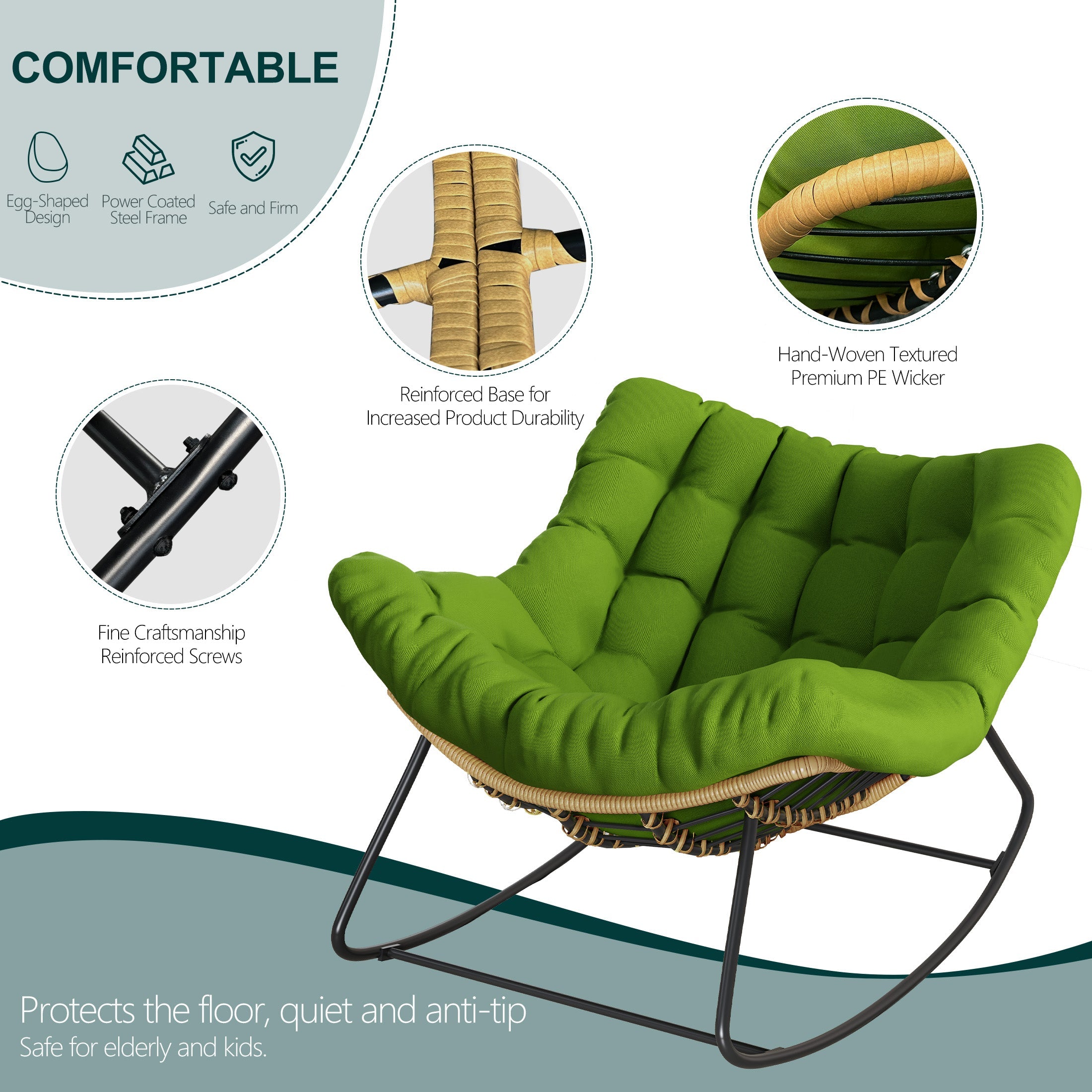 Outdoor Rocking Chair, Oversized Papasan Chair, Indoor Comfy Lounge Rocker-3