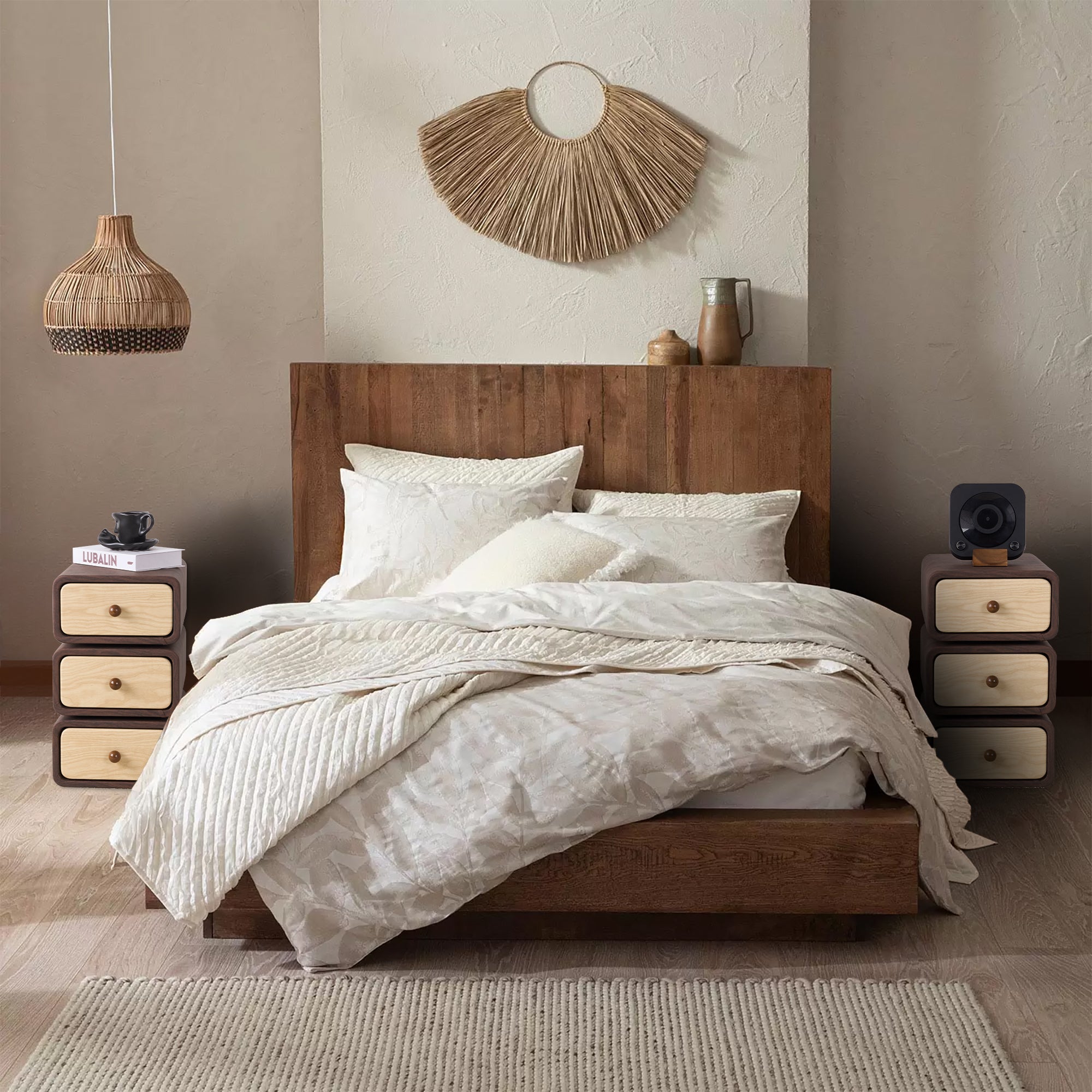 Rotatable 3-Tier Drawer Storage Cabinet, Wooden Stackable Nightstand with Drawers for Bedroom, Living Room Organization