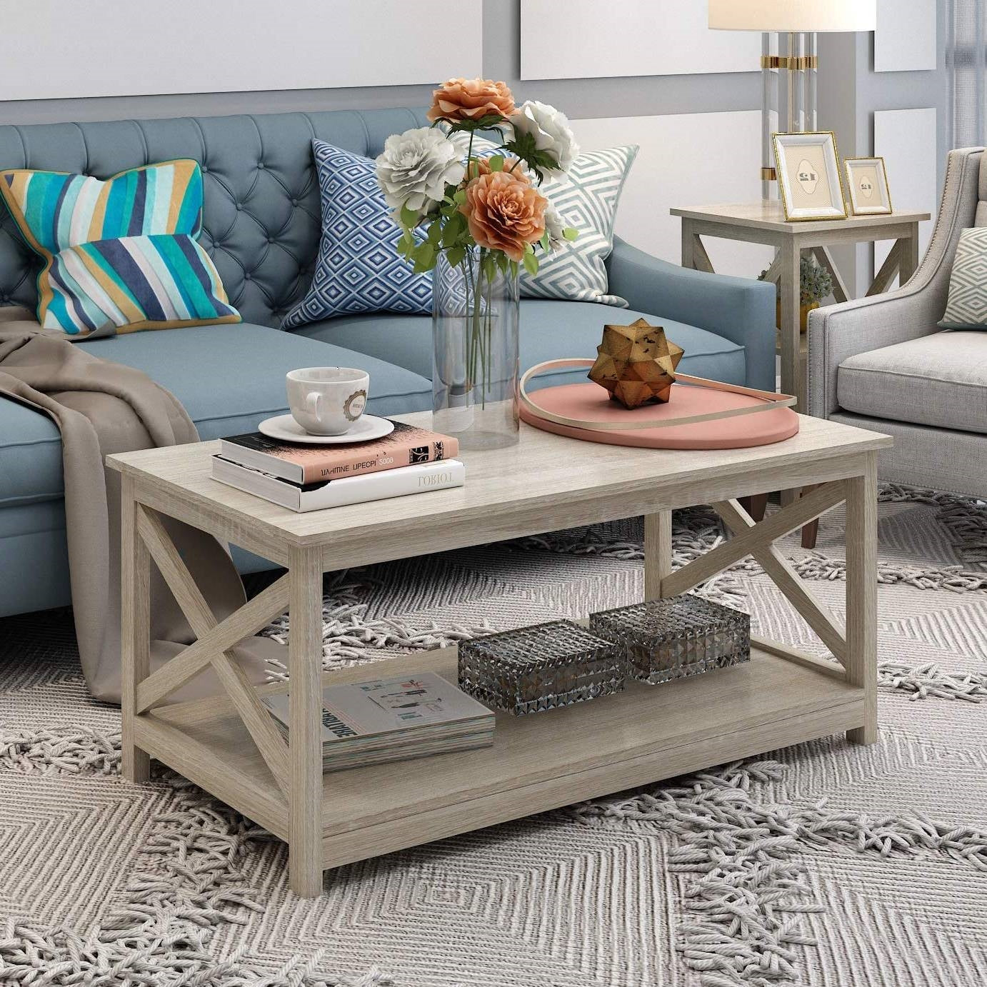 Contemporary Farmhouse Coffee Table in Rustic White Oak Wood Finish-0