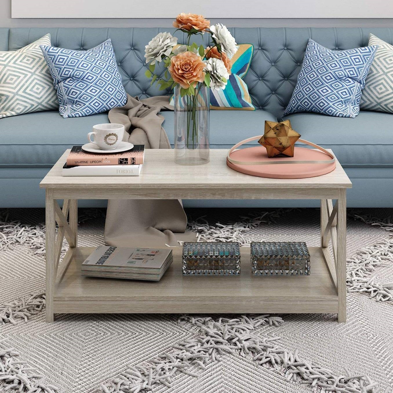 Contemporary Farmhouse Coffee Table in Rustic White Oak Wood Finish-1