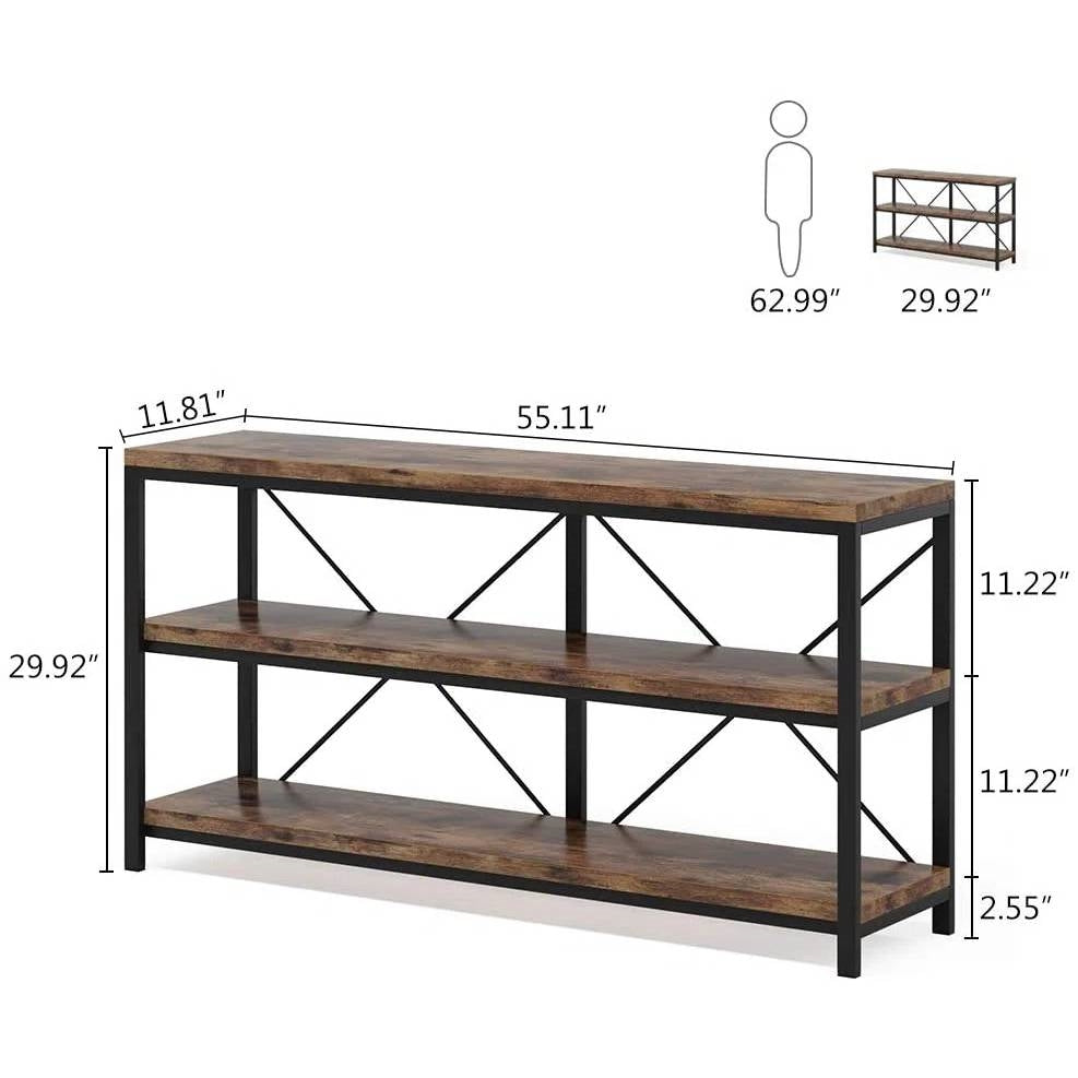 Industrial 55-inch Wood Shelf Console Sofa Table with Sturdy Black Metal Frame-4