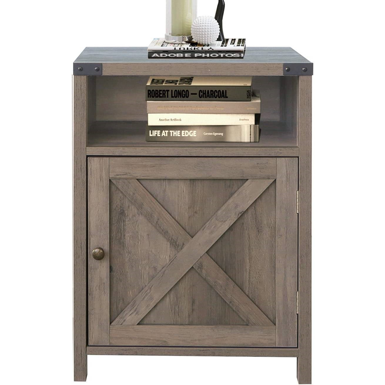 Farmhouse Style End Table Barn Door Nightstand with Open Shelf in Rustic Oak-0