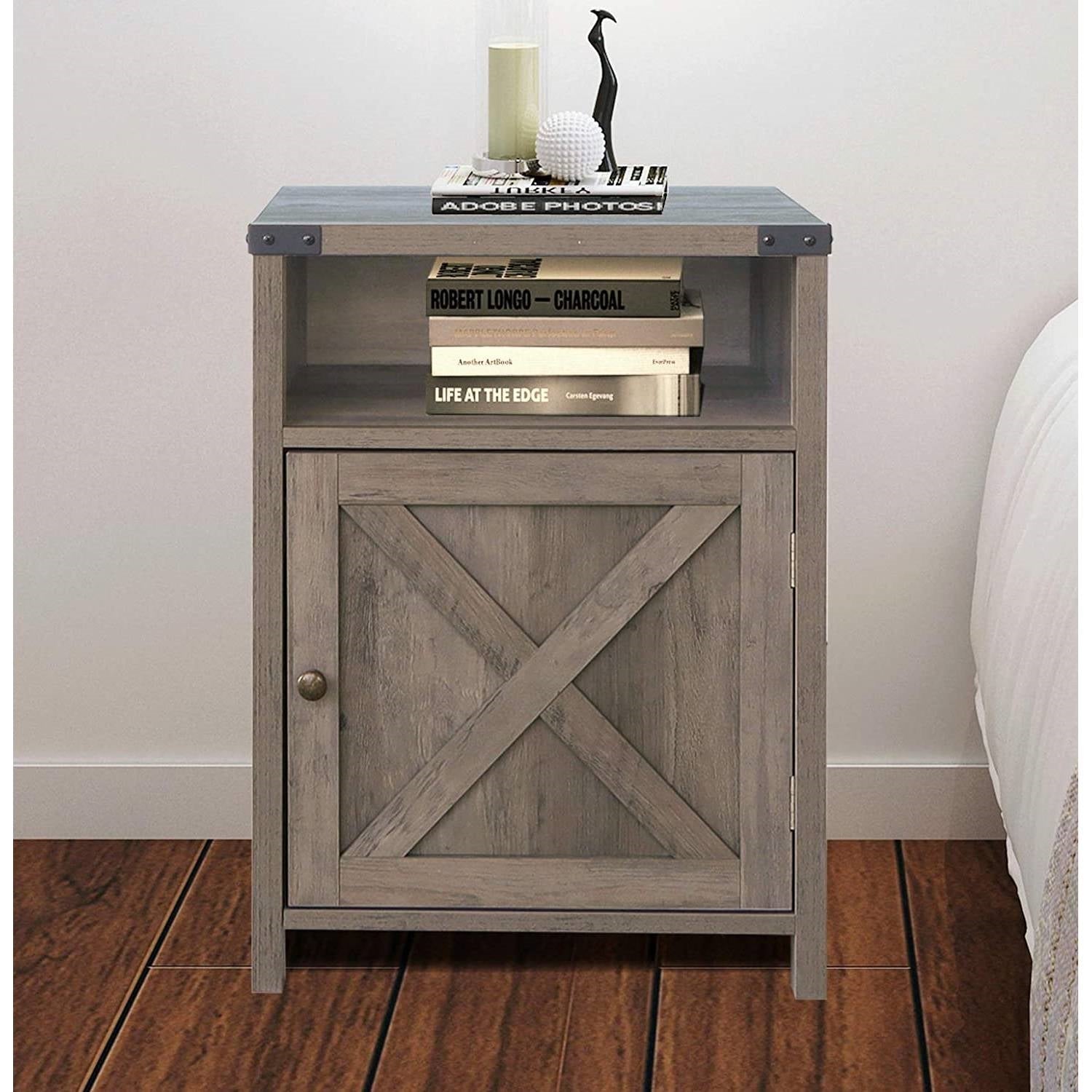 Farmhouse Style End Table Barn Door Nightstand with Open Shelf in Rustic Oak-1