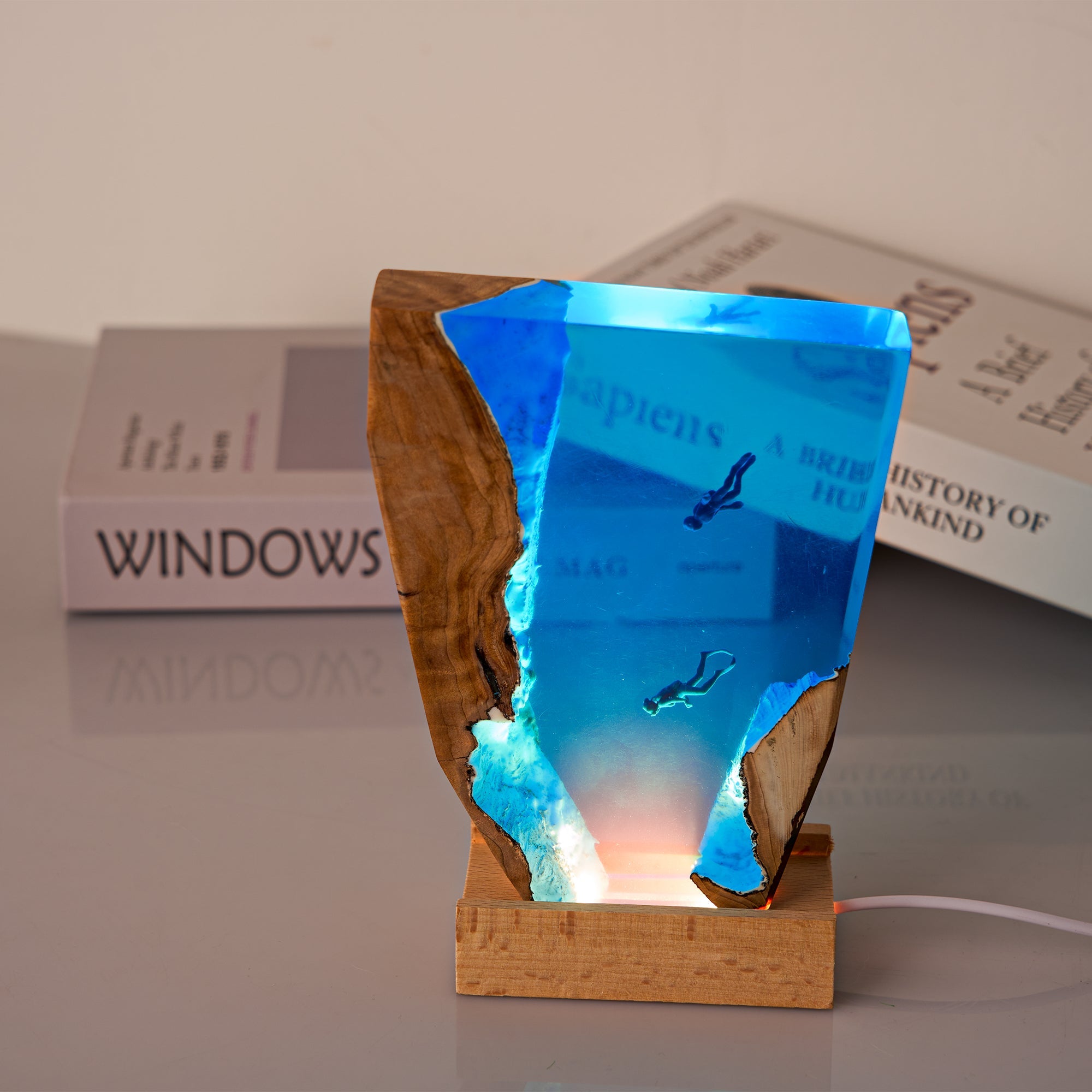 Resin Ocean Lamp,Shark and Diver resin wood lamp-1