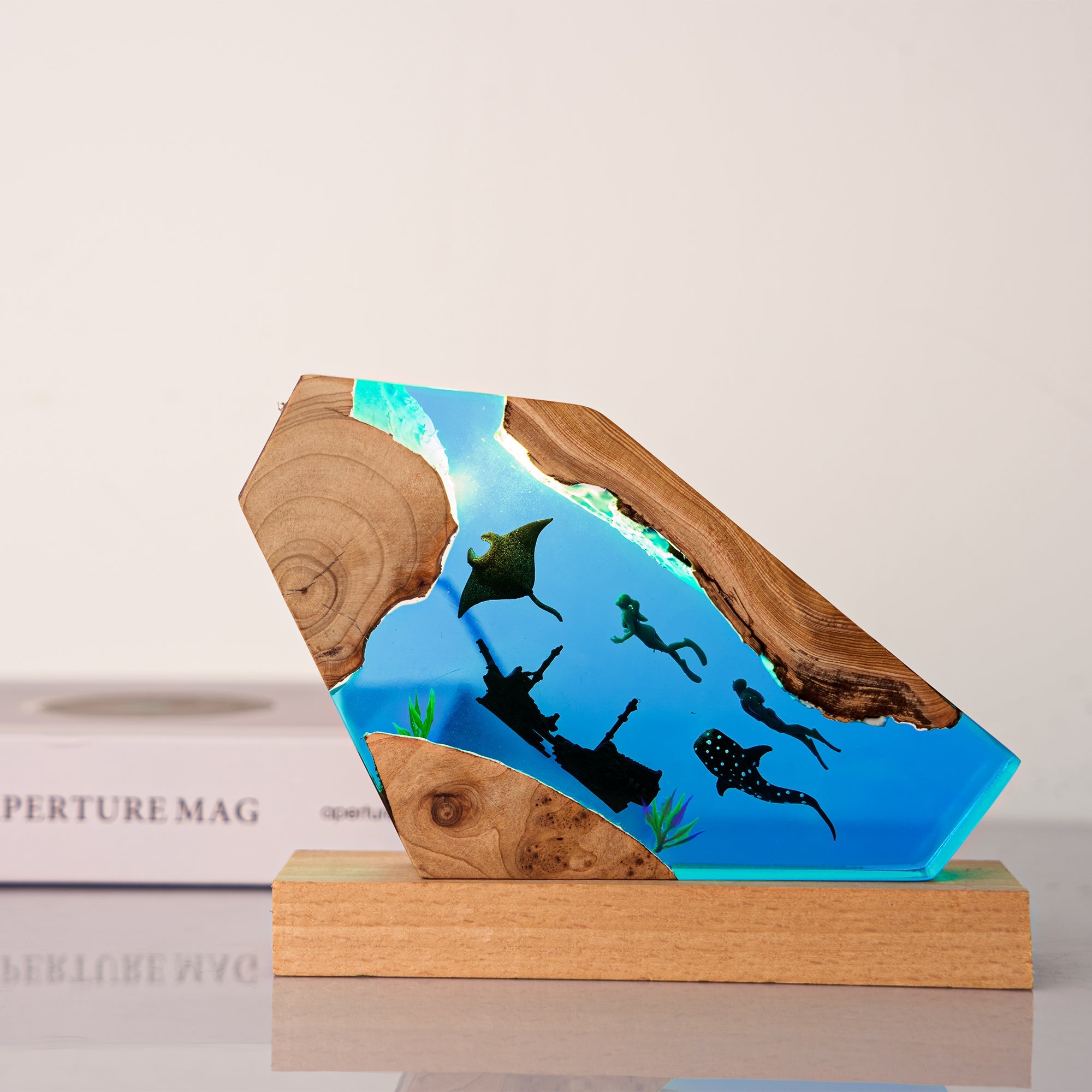 Resin Ocean Lamp,Shark and Diver resin wood lamp-0