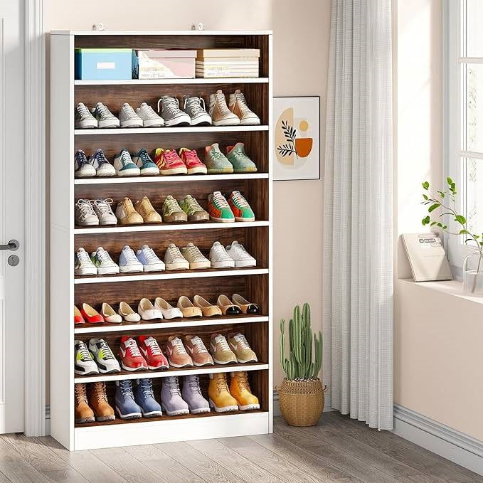 9 Tier White/Brown Wood Shoe Storage Cabinet, Holds Up To 45 Pairs-1