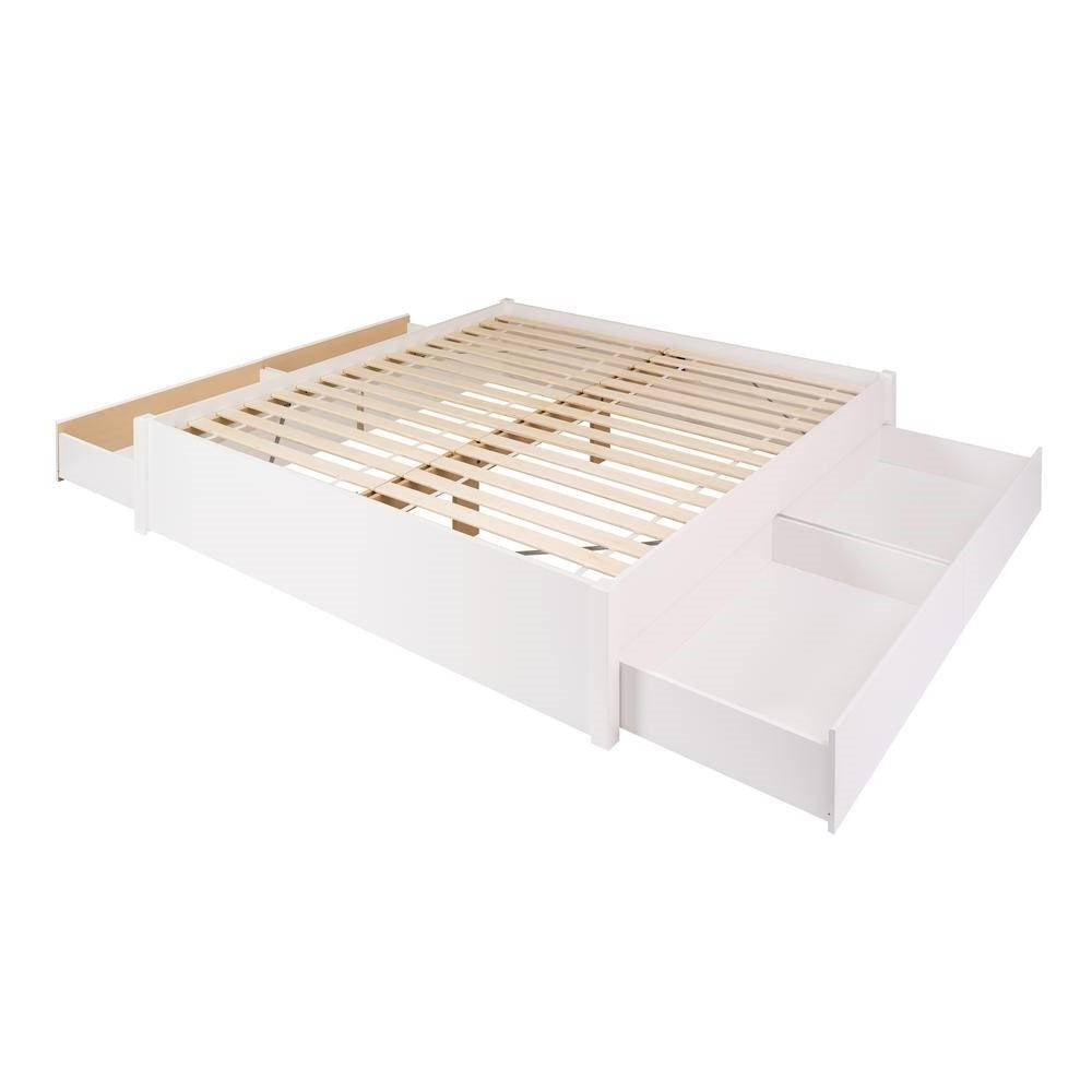 King Size 4 Drawer Storage White Wooden 4 Post Platform Bed  Frame-2