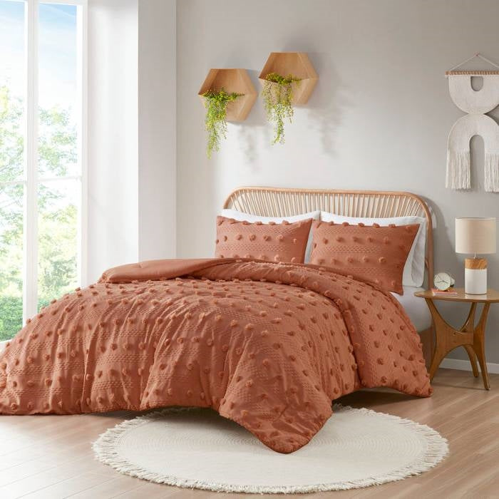 Full/Queen 3-Piece Rust Orange Pompom Microfiber Comforter Set-1