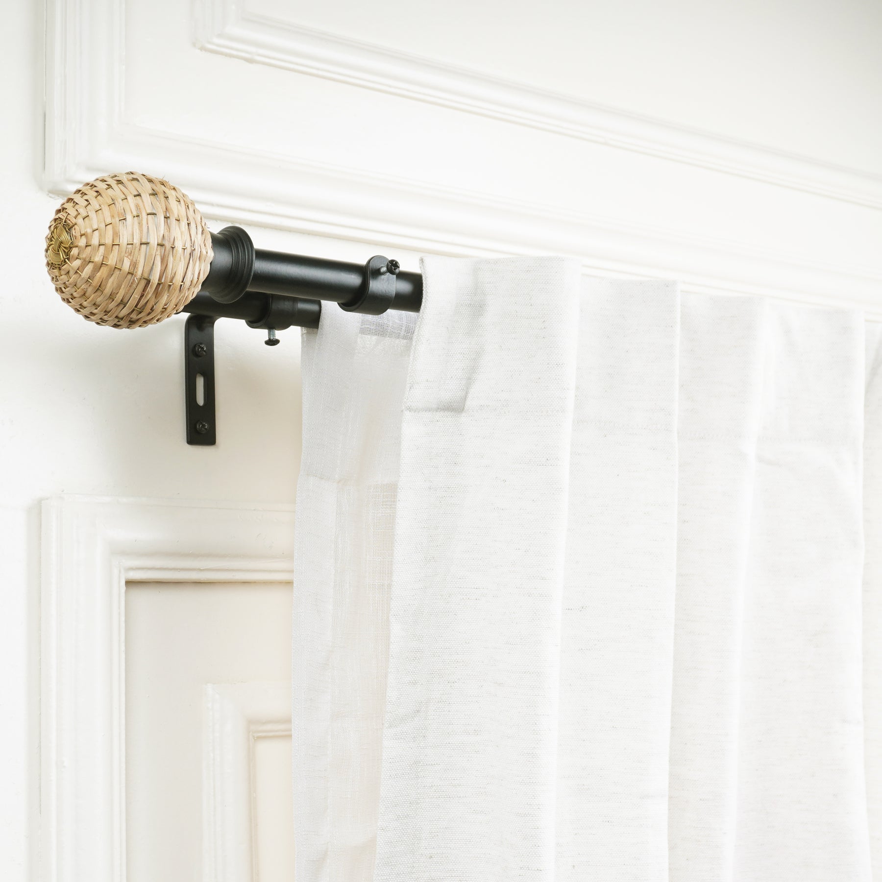 Black Double Curtain Pole with Wicker Ball Finials | Extendable & Adjustable | 28-144 Inch-2