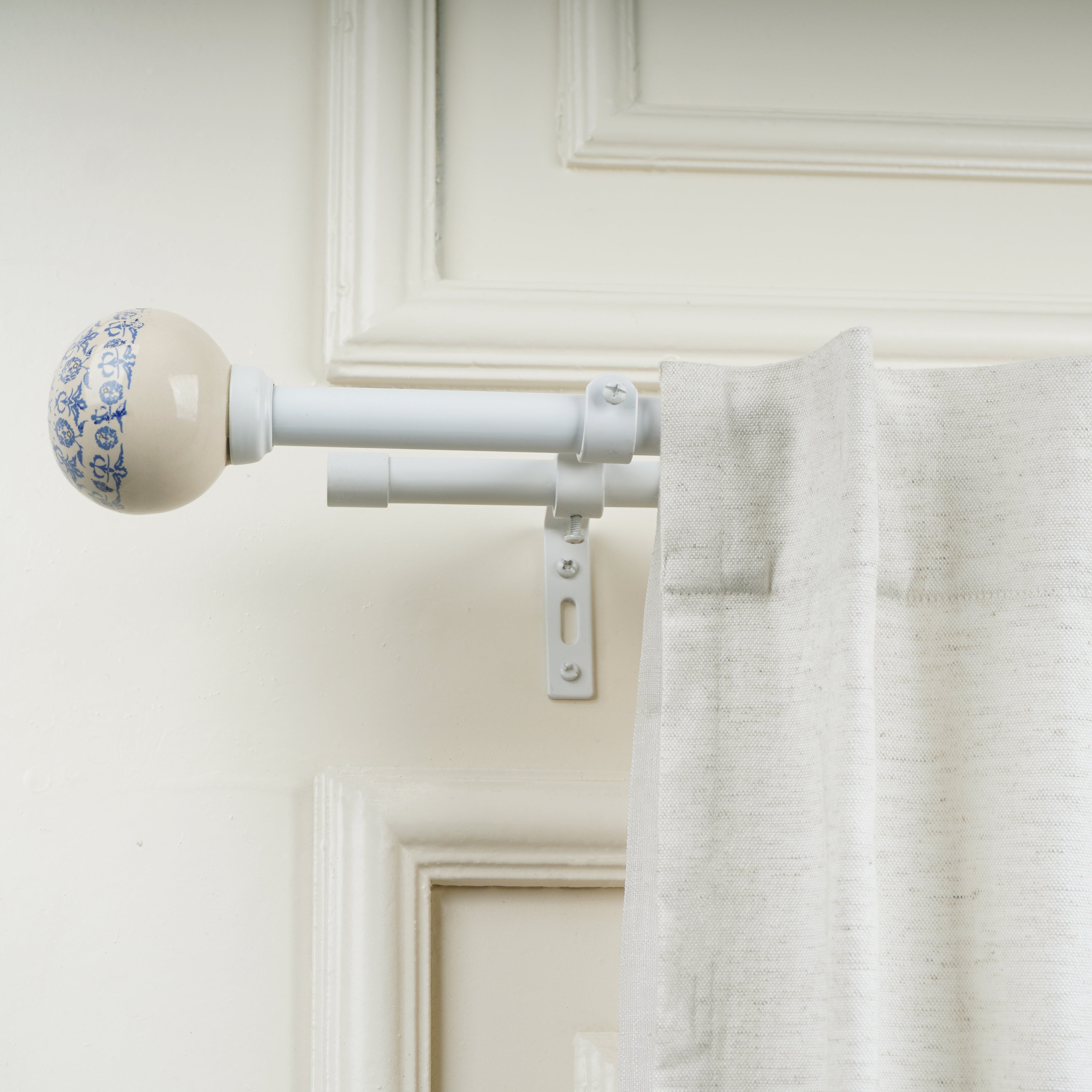 White & Blue Double Curtain Pole | Extendable | Ceramic Floral Finials | 28-144 Inch-2