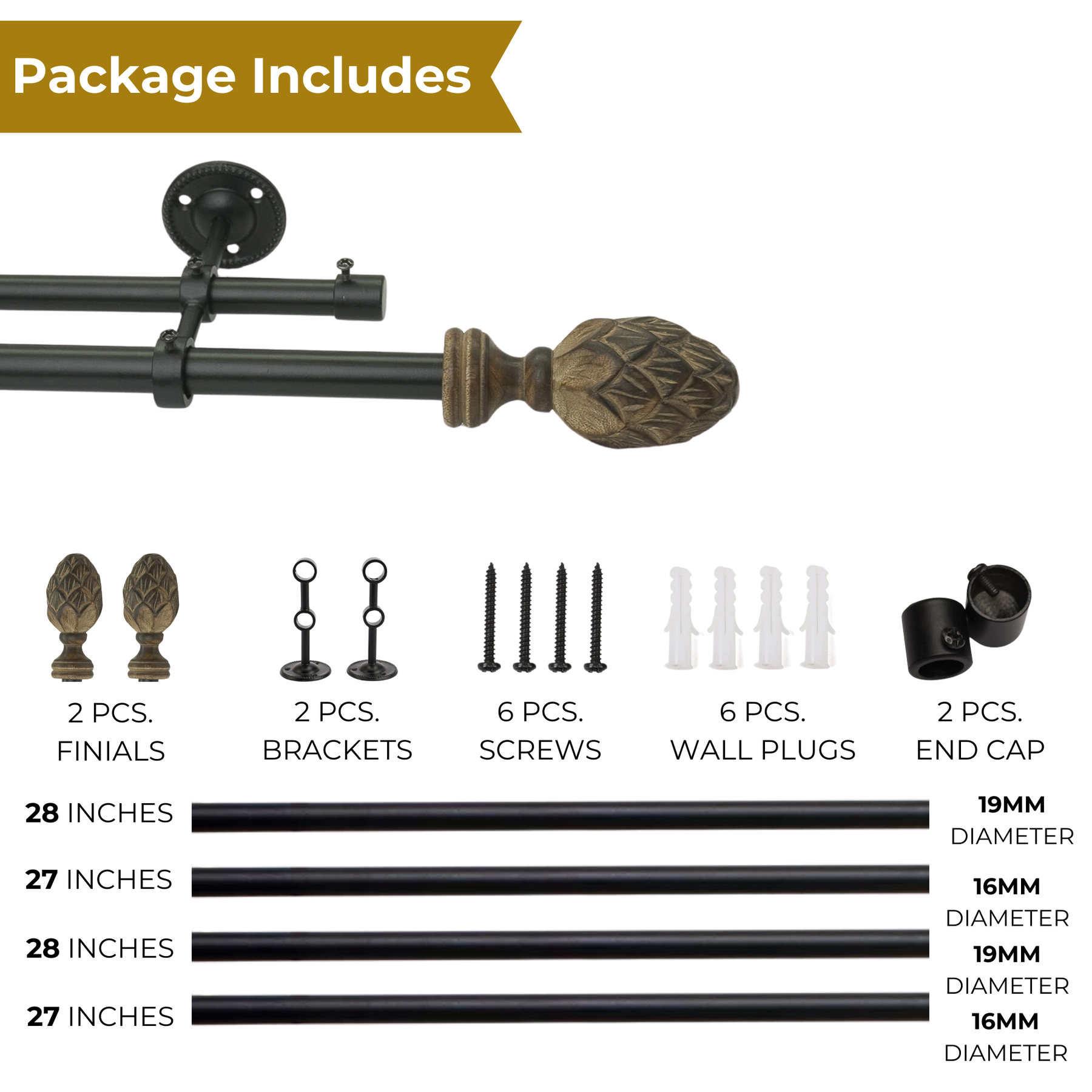 Double Curtain Pole | Black |  Extendable & Adjustable | 28-144 Inch | Carved Pineapple Finials-4