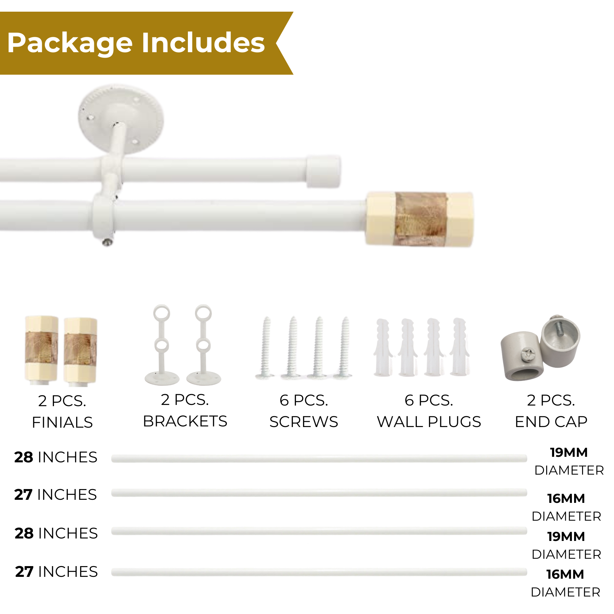 White Double Curtain Pole | Marble & Wood Cylinder Finials | Rustproof | 25KG Load | Modern Style-4