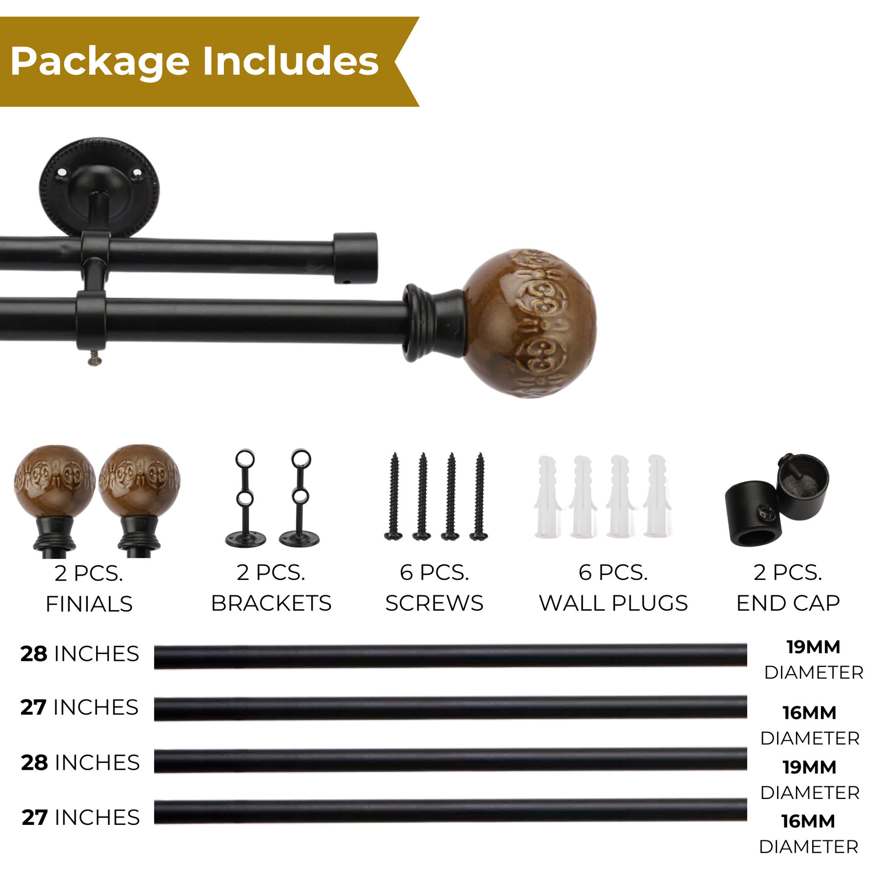 Black Double Curtain Pole | Brown Ceramic Finials | Rustproof | 25KG Load | Traditional Style-3