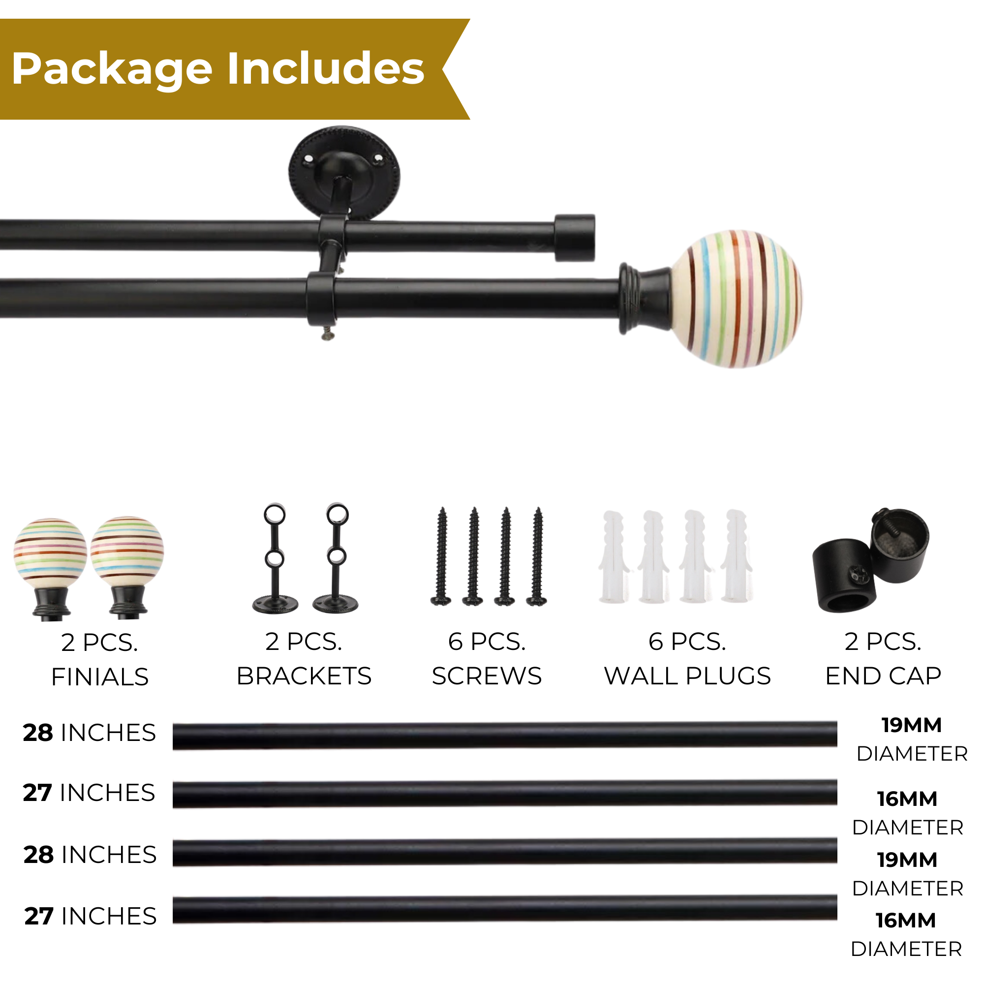 Black Metal Double Curtain Rod | Colorful Ball Finials | Extendable-4