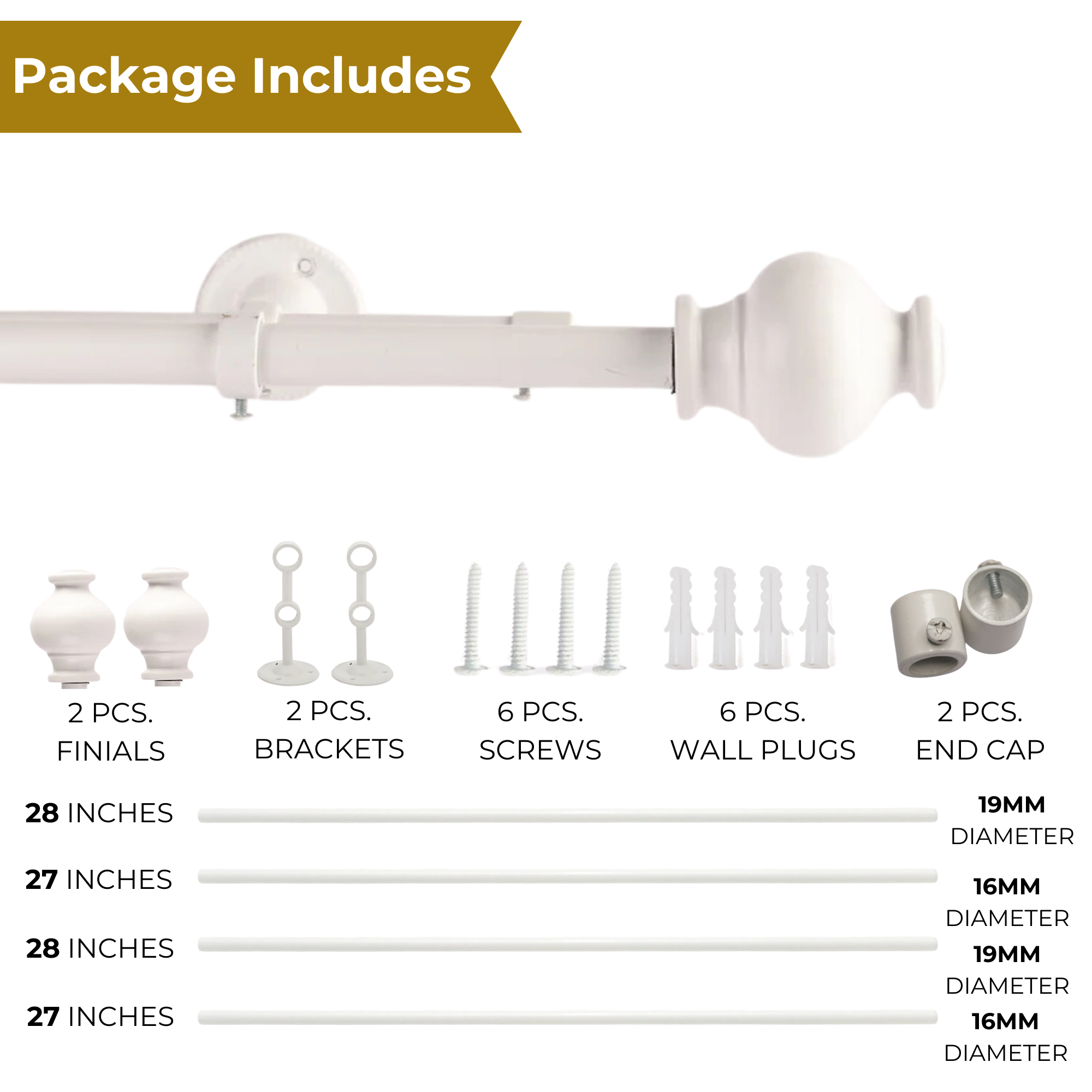 White Double Curtain Pole with Ball Finials | Extendable | 28-144 Inches-4