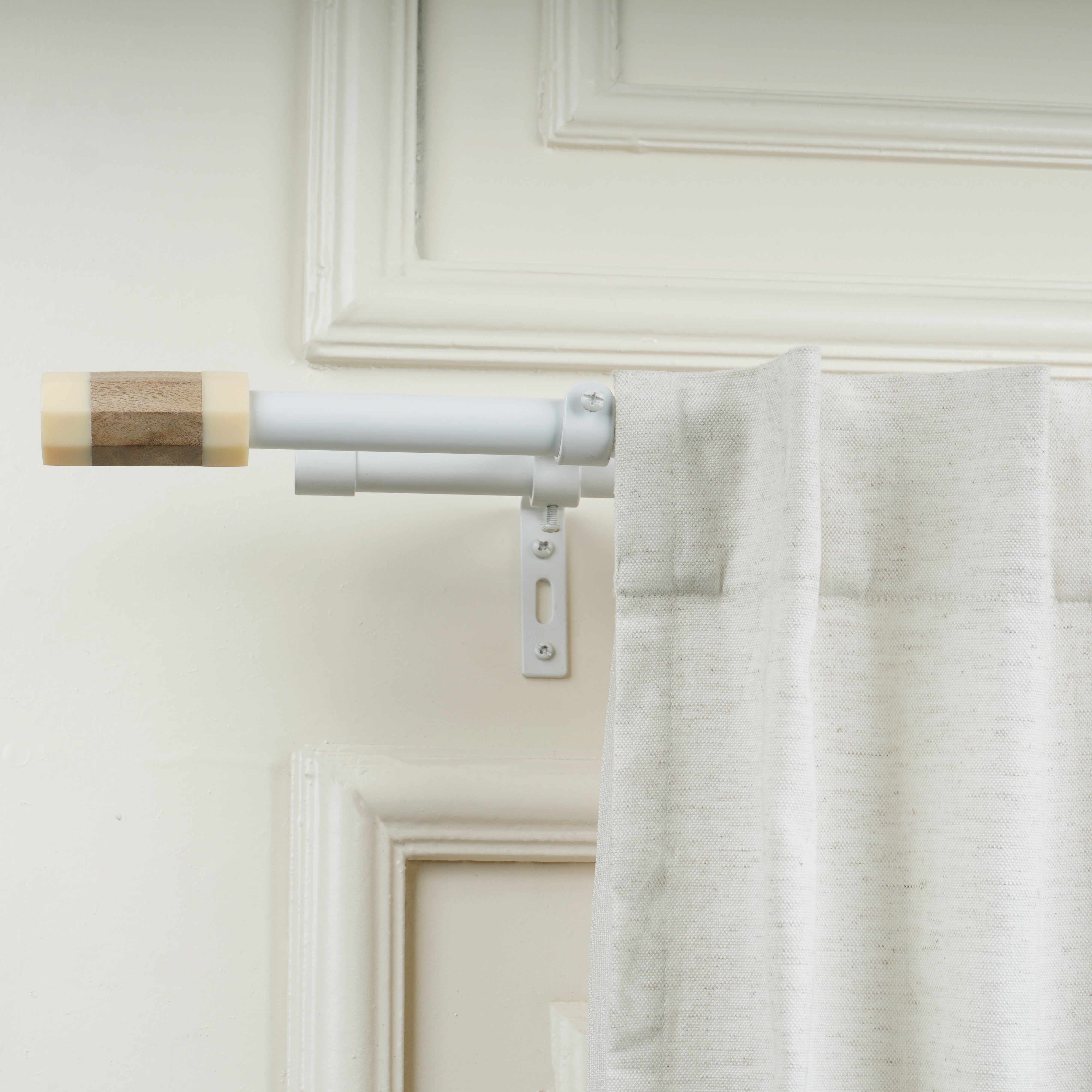 White Double Curtain Pole | Marble & Wood Cylinder Finials | Rustproof | 25KG Load | Modern Style-2