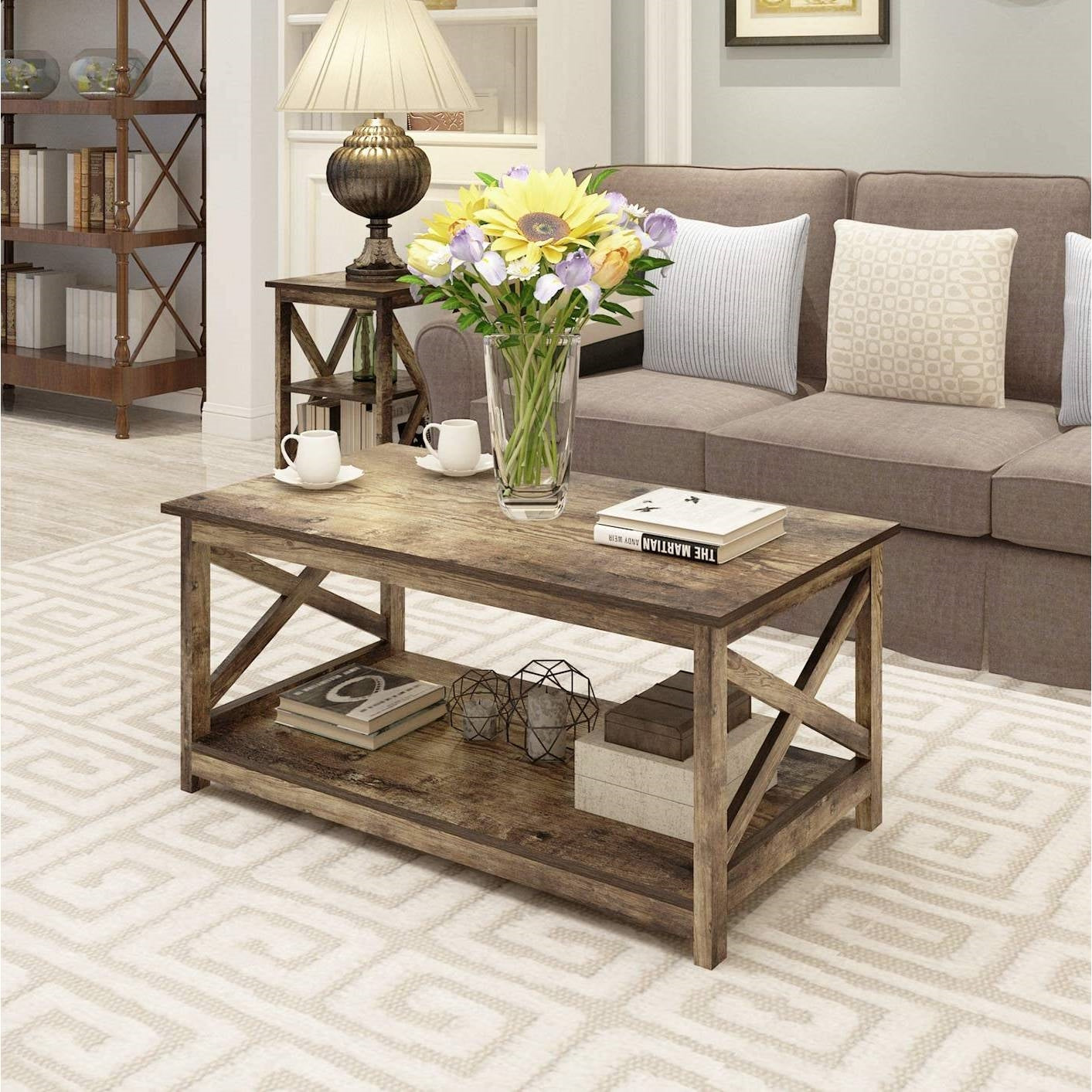 Contemporary 2-Tier Farmhouse Coffee Table in Rustic Wood Finish-3