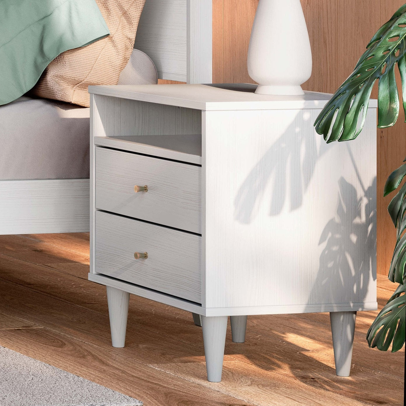 Farmhouse Rustic White Mid Century 2 Drawer Nightstand-3