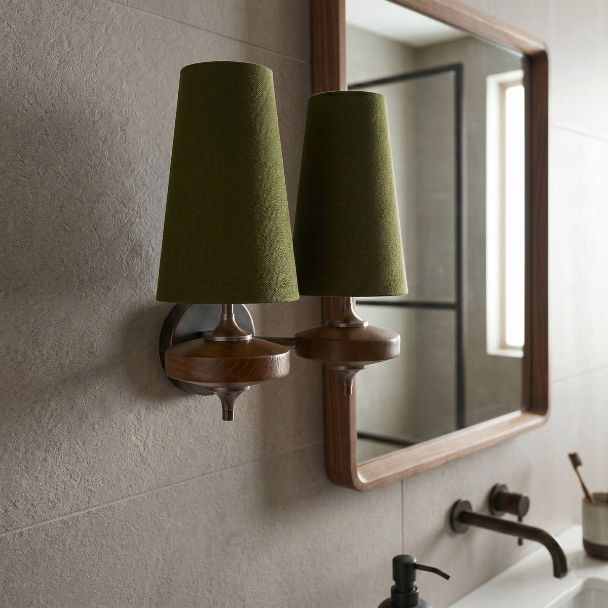 Walnut Wall Sconce with Antique Brass Hardware | Fabric Shade for Warm Ambient Light