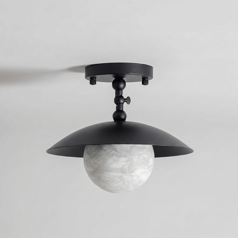 Brass Dome Semi-Flush Ceiling Lamp with Alabaster Shade | Mid-Century Light