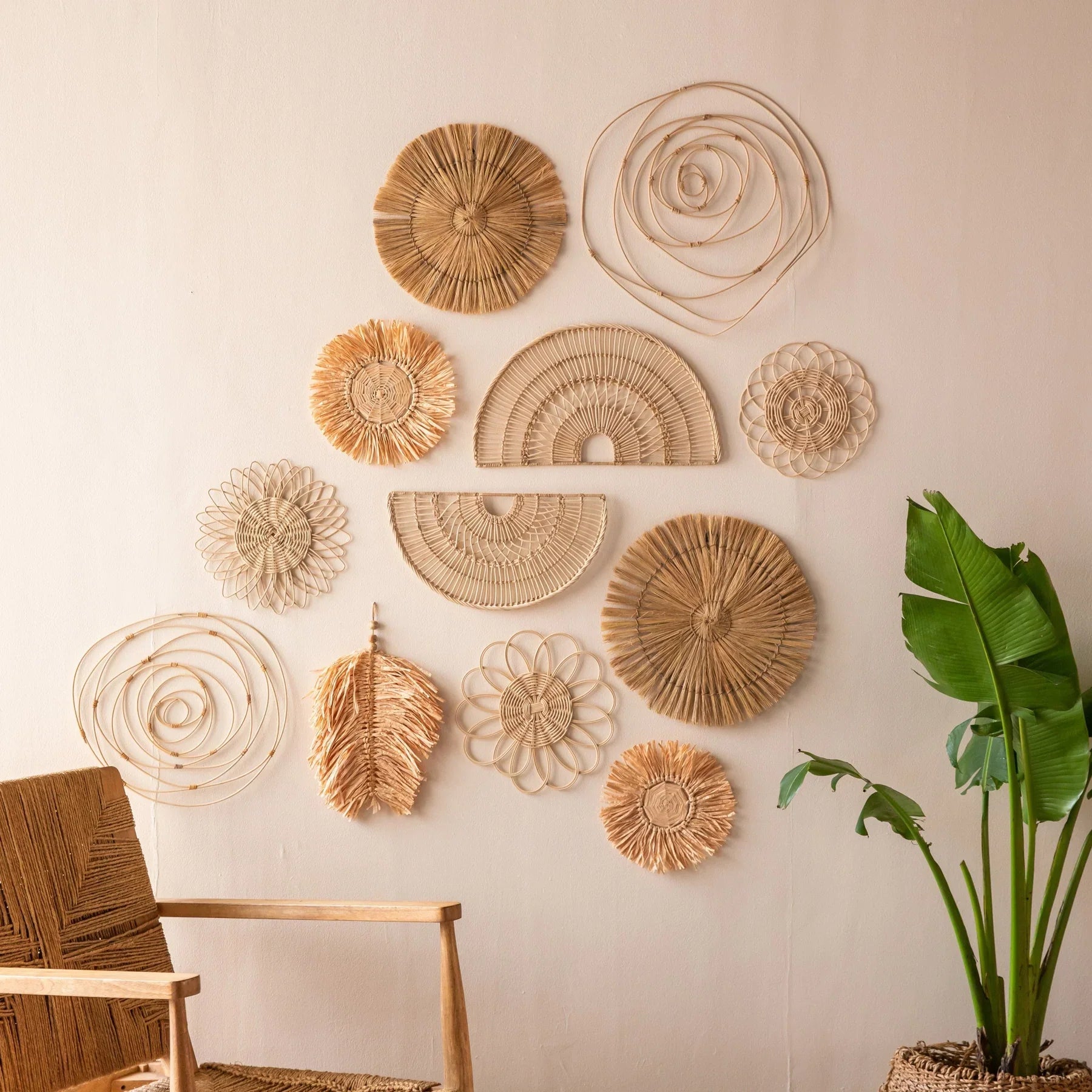 Handmade Raffia Leaf Wall Hanging - Natural, Bohemian Decor for Living Room, Bedroom-3