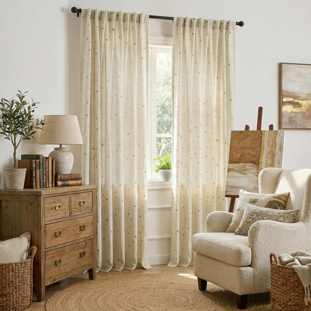 Ravi Moon & Star Embroidered Cotton Linen Curtains