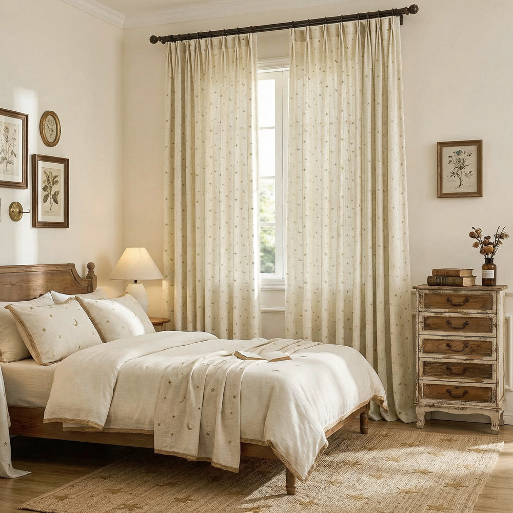 Ravi Moon & Star Embroidered Cotton Linen Curtains