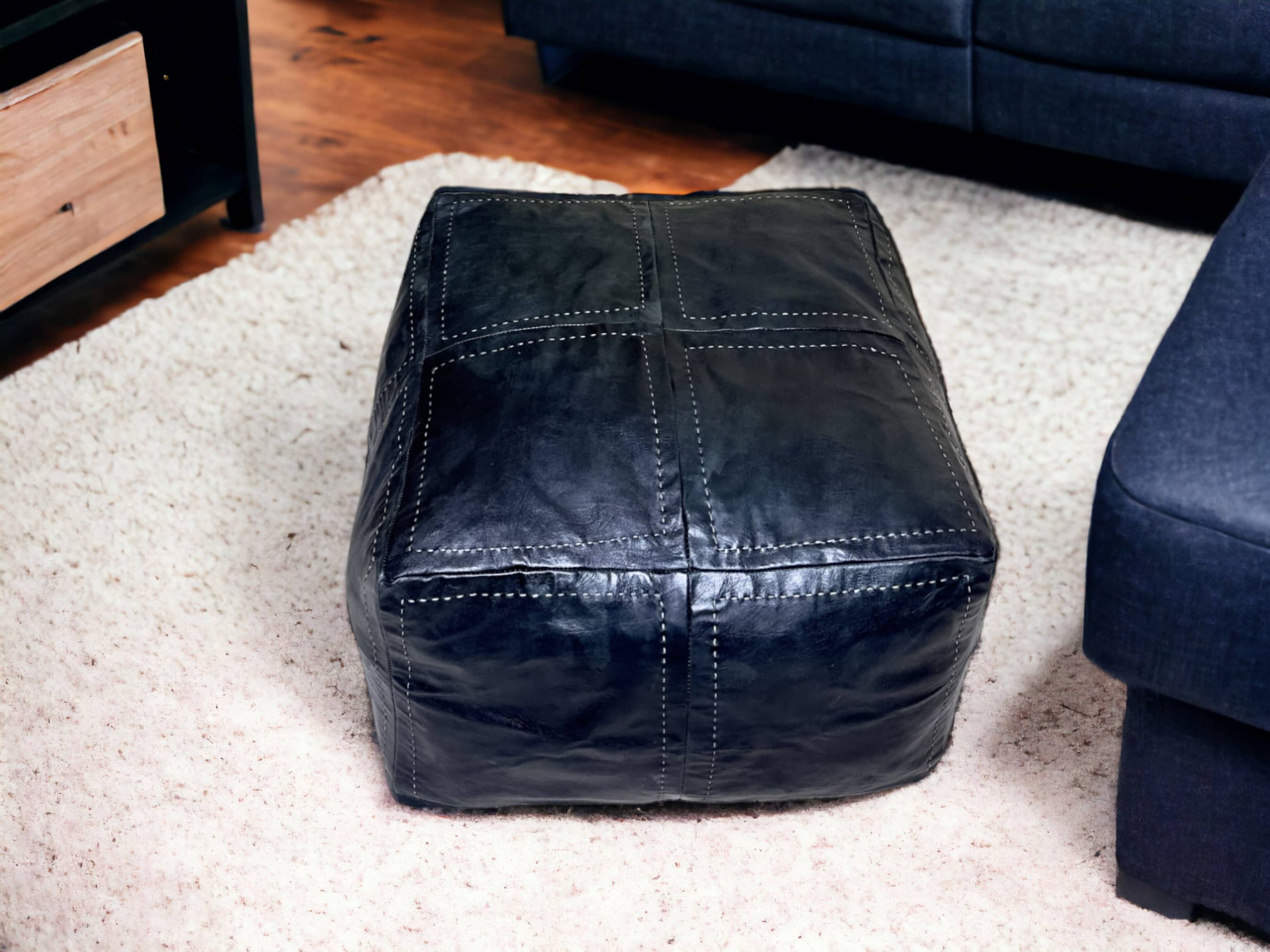 Embrace Timeless Elegance with Our Exquisite Large Black Square Leather Pouf-1