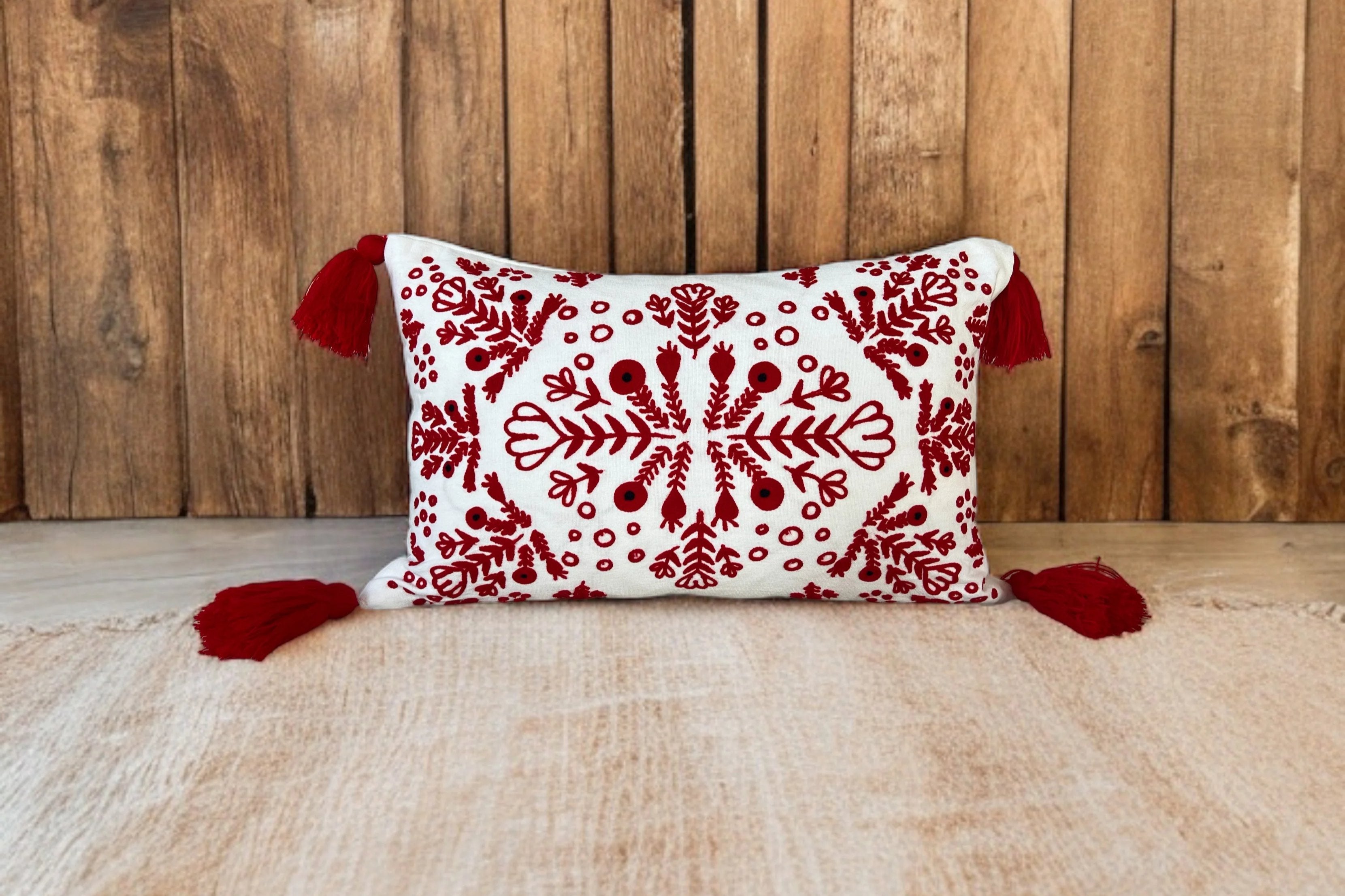 Red & White Embroidered Throw Pillow with Tassels  Handcrafted Elegance for Your Home