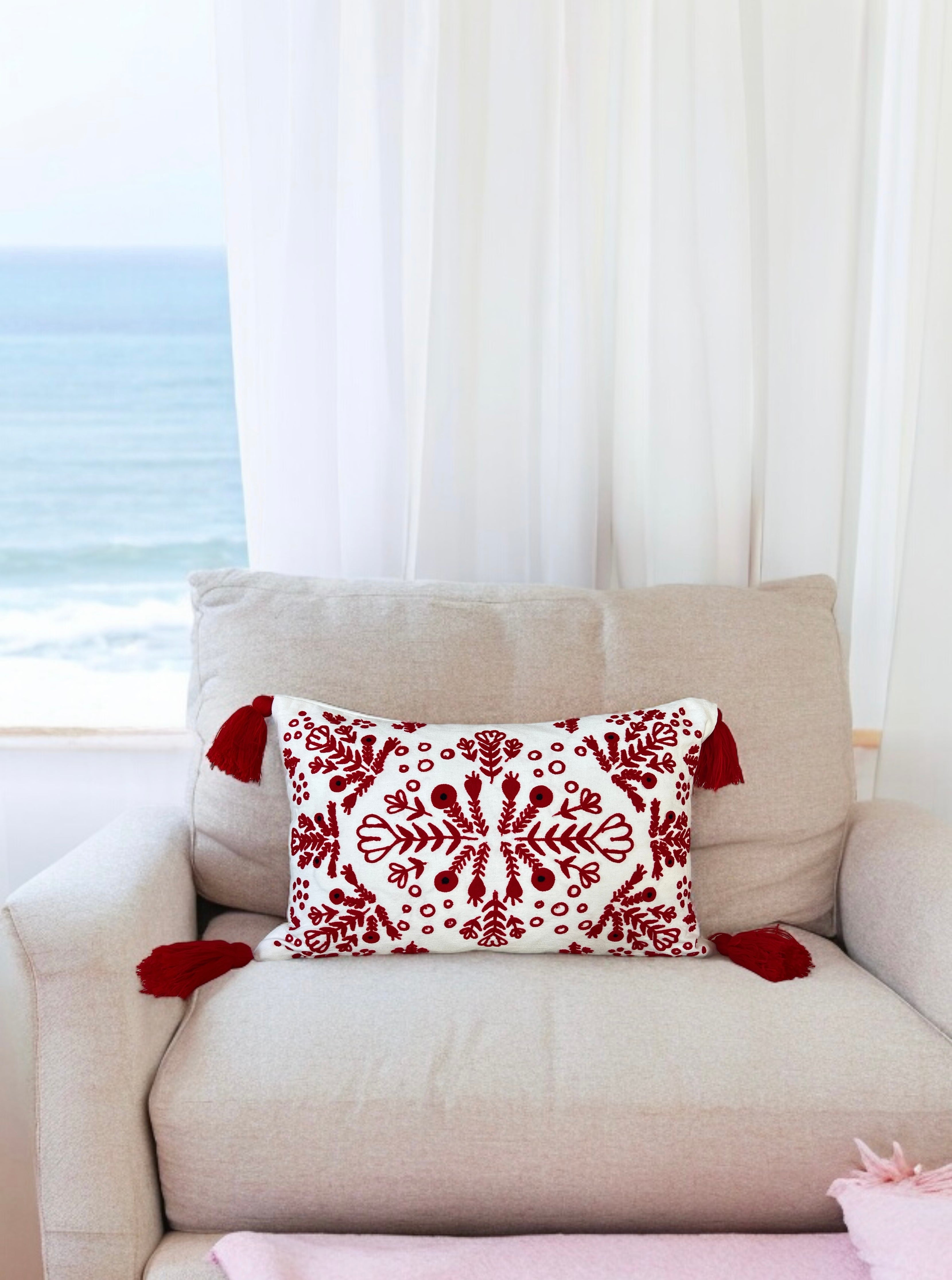 Red & White Embroidered Throw Pillow with Tassels  Handcrafted Elegance for Your Home